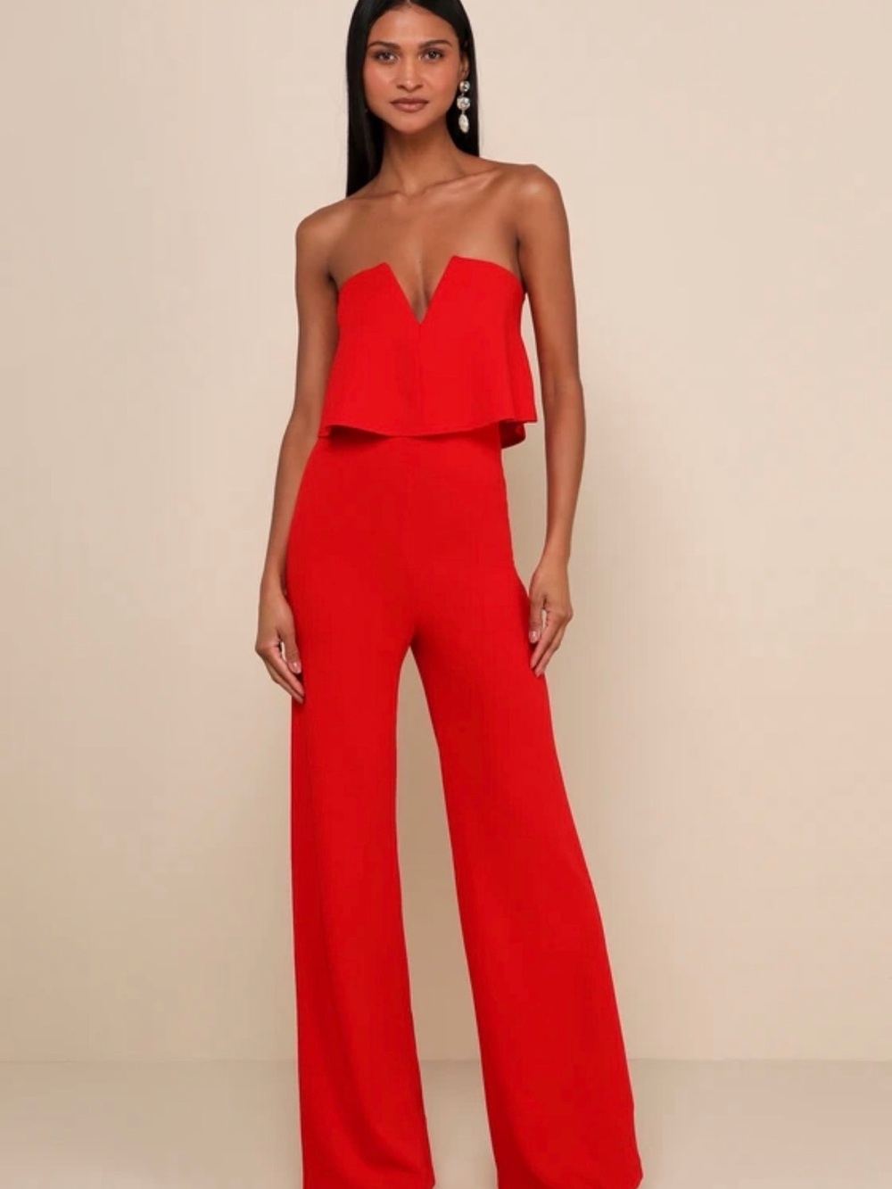 Lulu's Red Strapless Wide-Leg Jumpsuit
